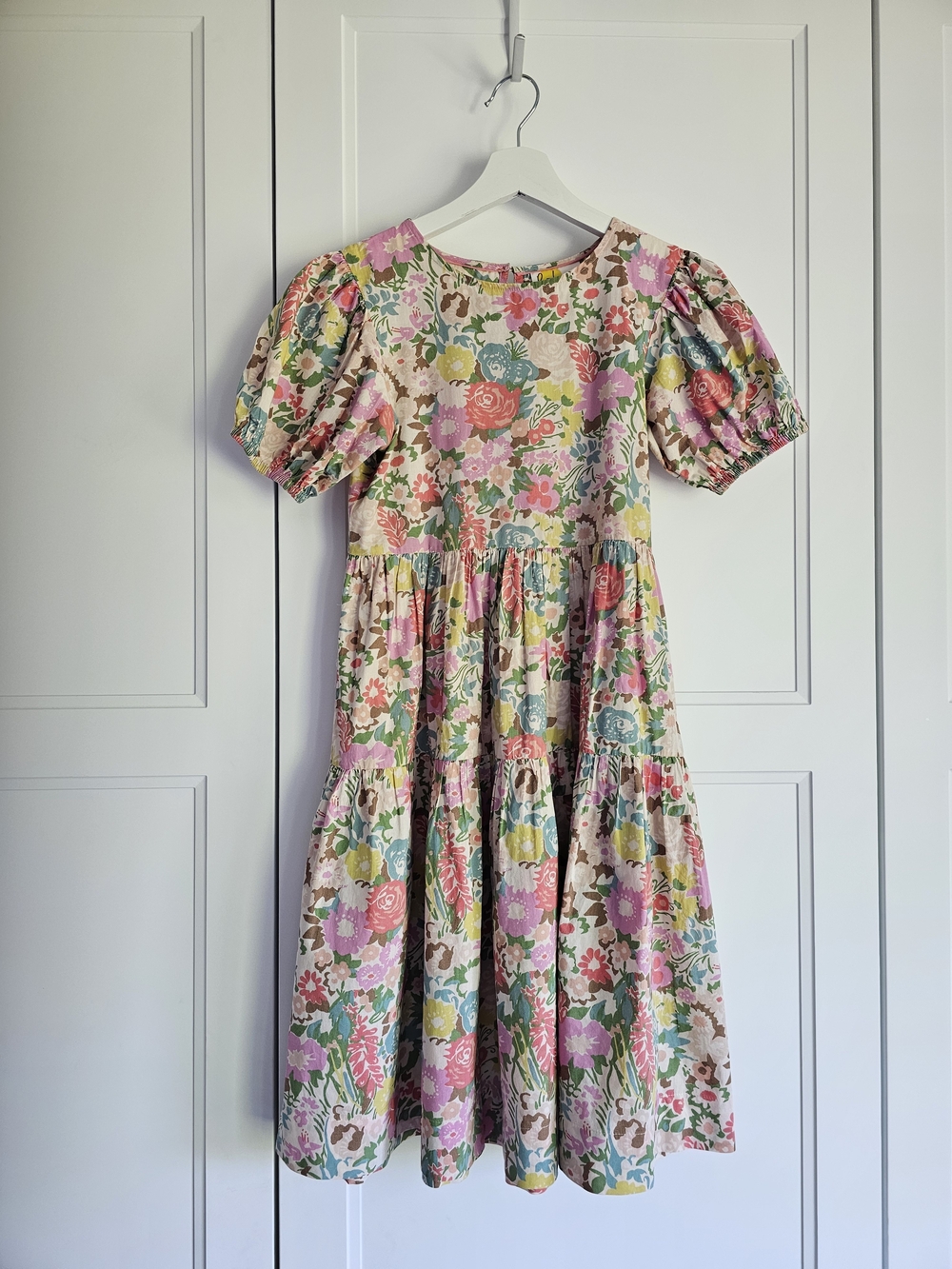 Mini Boden Girls Pink Multi Floral Puff-Sleeve Tiered Cotton Dress 11-12years